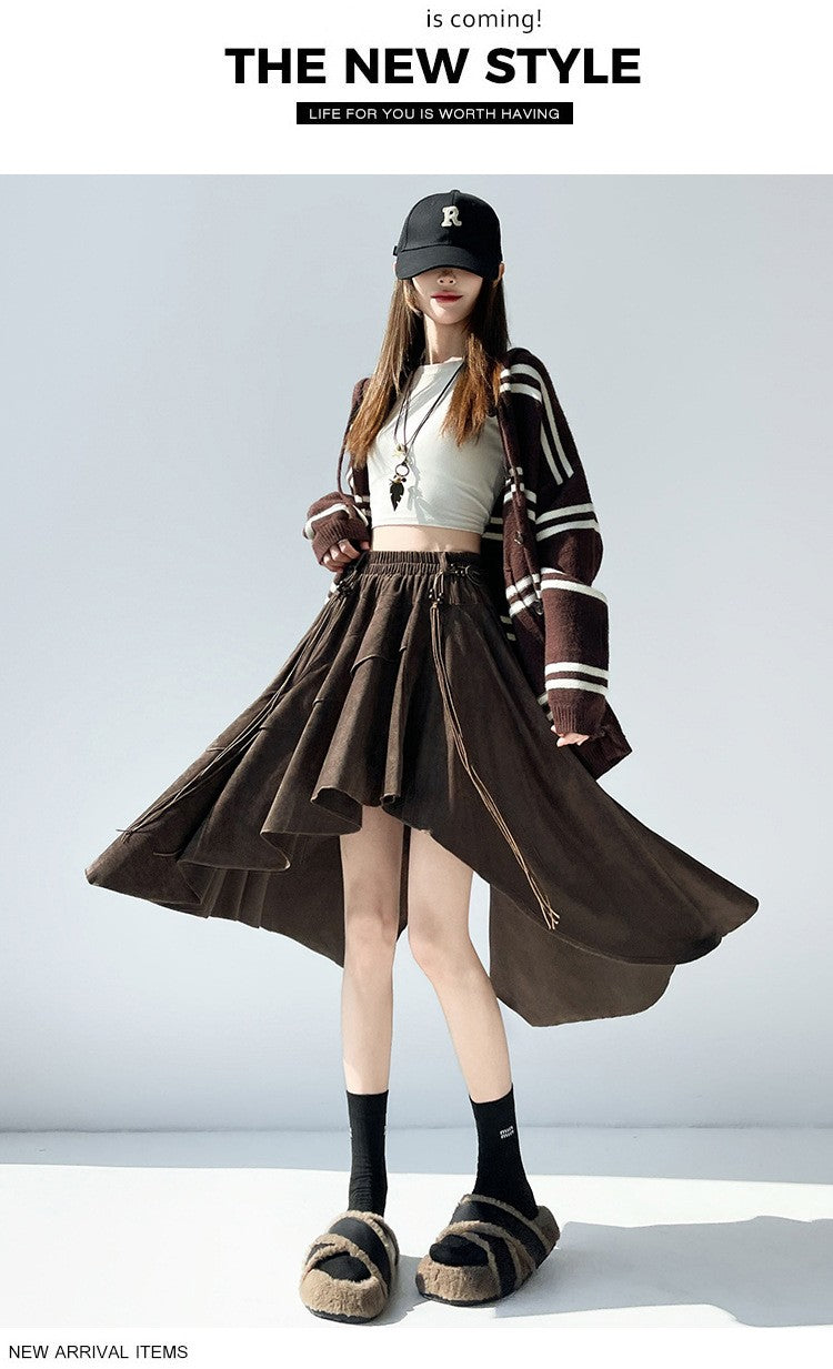 Caramel Suede Half-length Skirt Women's Autumn Winter New Irregular Belt Slim A- Line Midi Umbrella Skirt Comfortable Casual S .