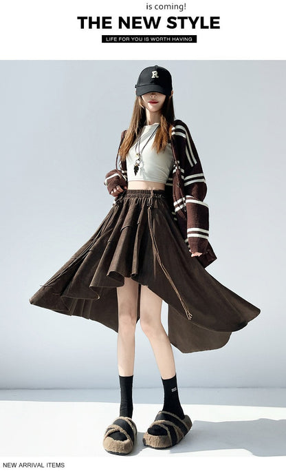 Caramel Suede Half-length Skirt Women's Autumn Winter New Irregular Belt Slim A- Line Midi Umbrella Skirt Comfortable Casual S .