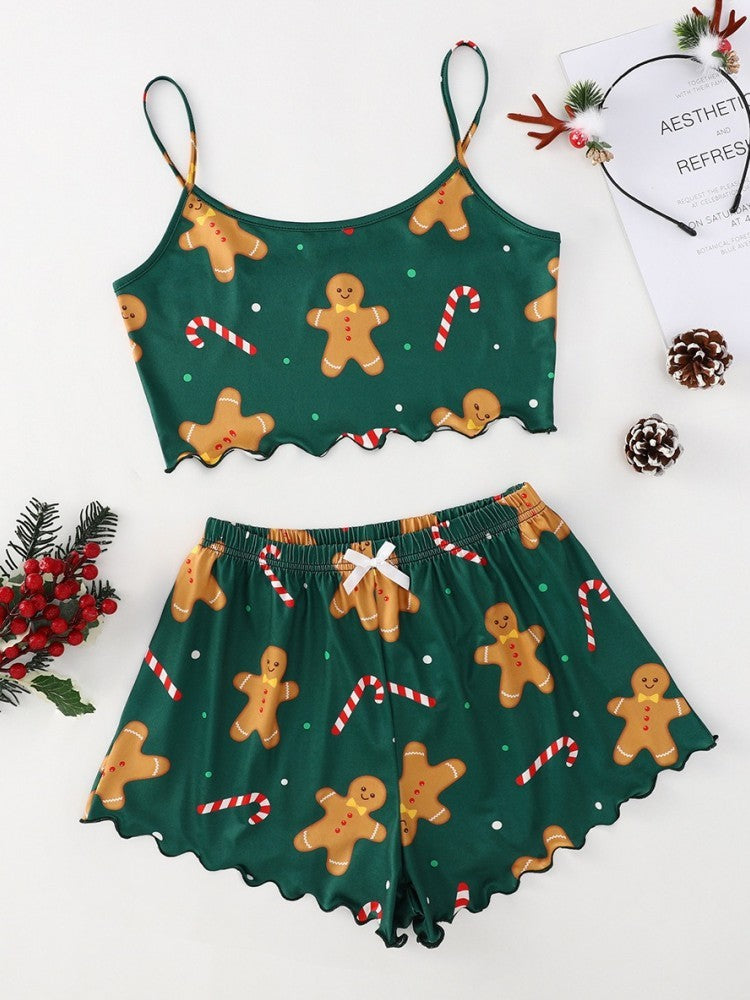 Women's Sleepwear Soft Christmas Festival Cute Gingerbread Print 2 Pieces Pajama Set Crop Tops and Shorts Loungewear
