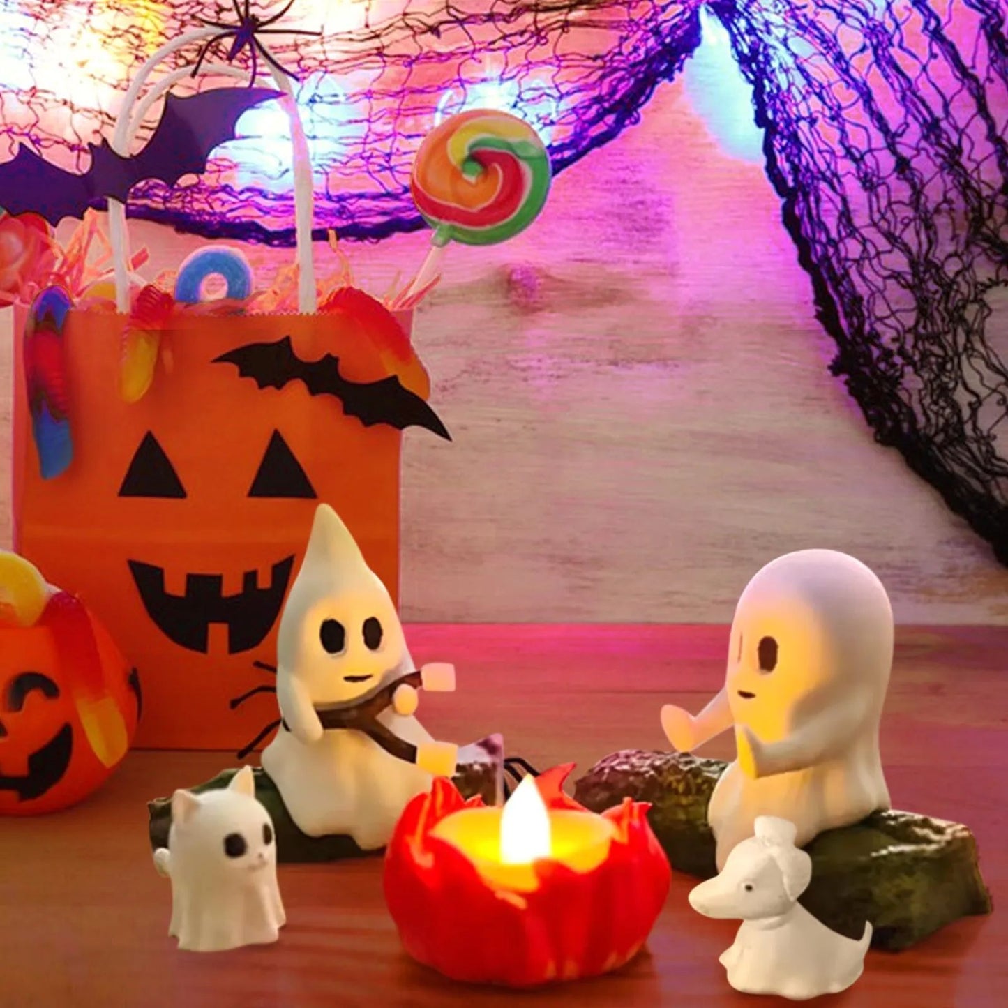 Halloween Ghost Nightlight Campfire Figurine Set Cute Ghost Statue Small Campfire Light Fun Halloween Decor Gift for Home Party