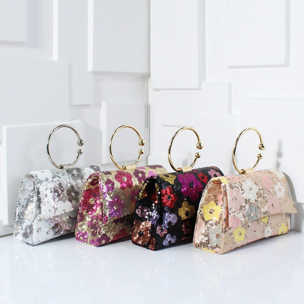 Metal Top Handle Bags for Bridal Women Shiny Sequins Evening Handbag Colorful Flowers Party Clutch Purse Chain Shoulder Bags