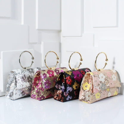 Metal Top Handle Bags for Bridal Women Shiny Sequins Evening Handbag Colorful Flowers Party Clutch Purse Chain Shoulder Bags