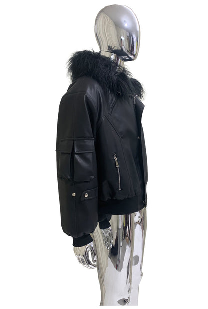 Mauroicardi Autumn Winter Short Oversized Black Warm Pu Leather Jacket Men with Faux Fur Trim Hood Loose Casual Korean Fashion