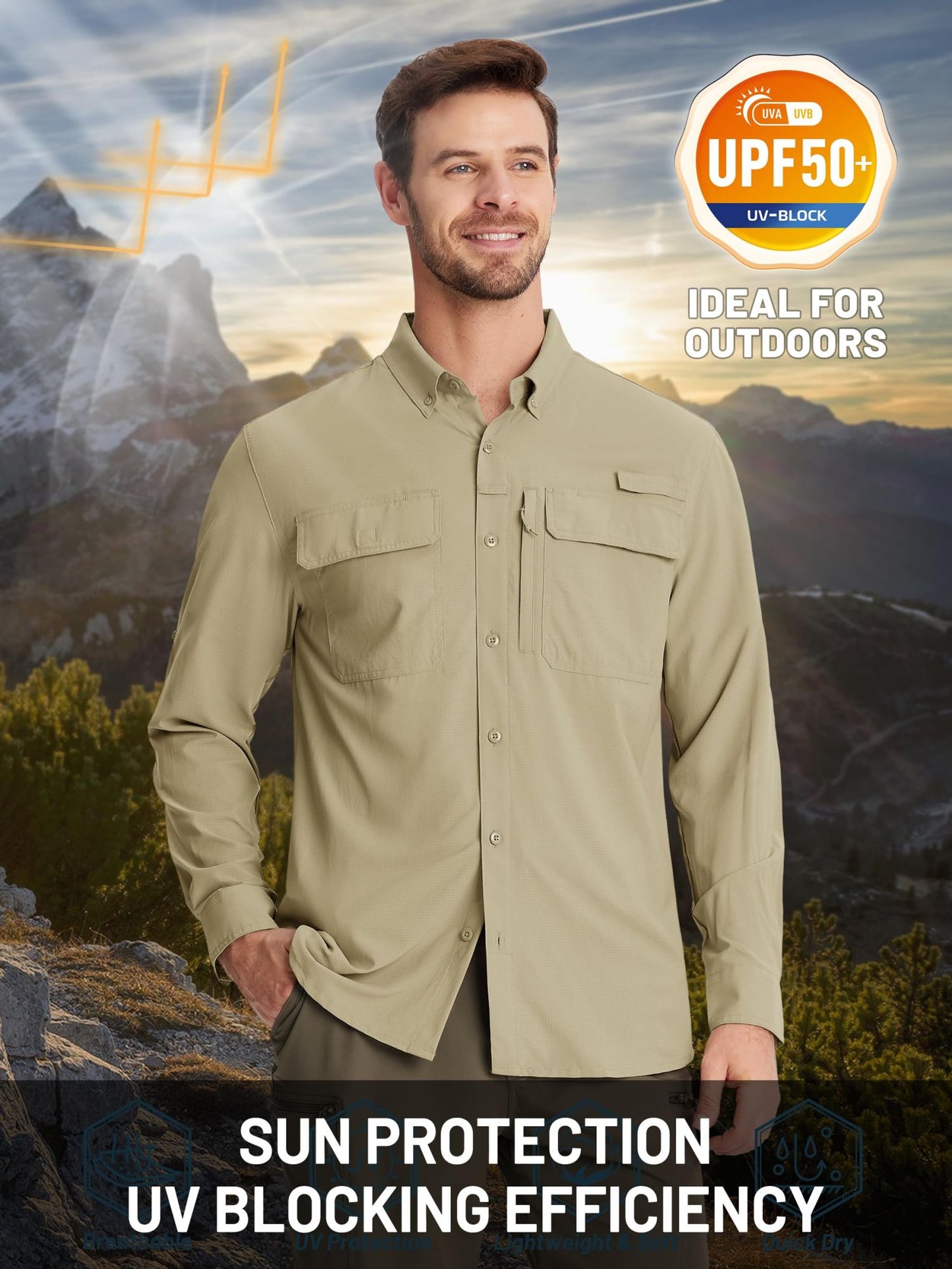 TACVASEN UV Block Fishing Shirts Mens Sun Protection Quick Dry Long Sleeve Shirts Mesh Breathable Hiking Cargo Shirts Work Shirt