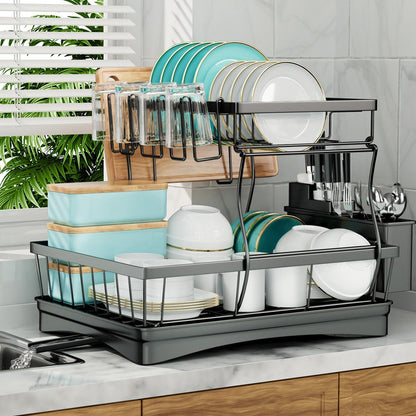 Large 2-tier dish drying rack for kitchen countertops, removable large-capacity dish draining rack