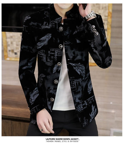 Luxury Retro Velvet Suit Jacket for Men Fashion Slim Fit Stand Collar Blazer Masculino Casual Business Wedding Dress Coat