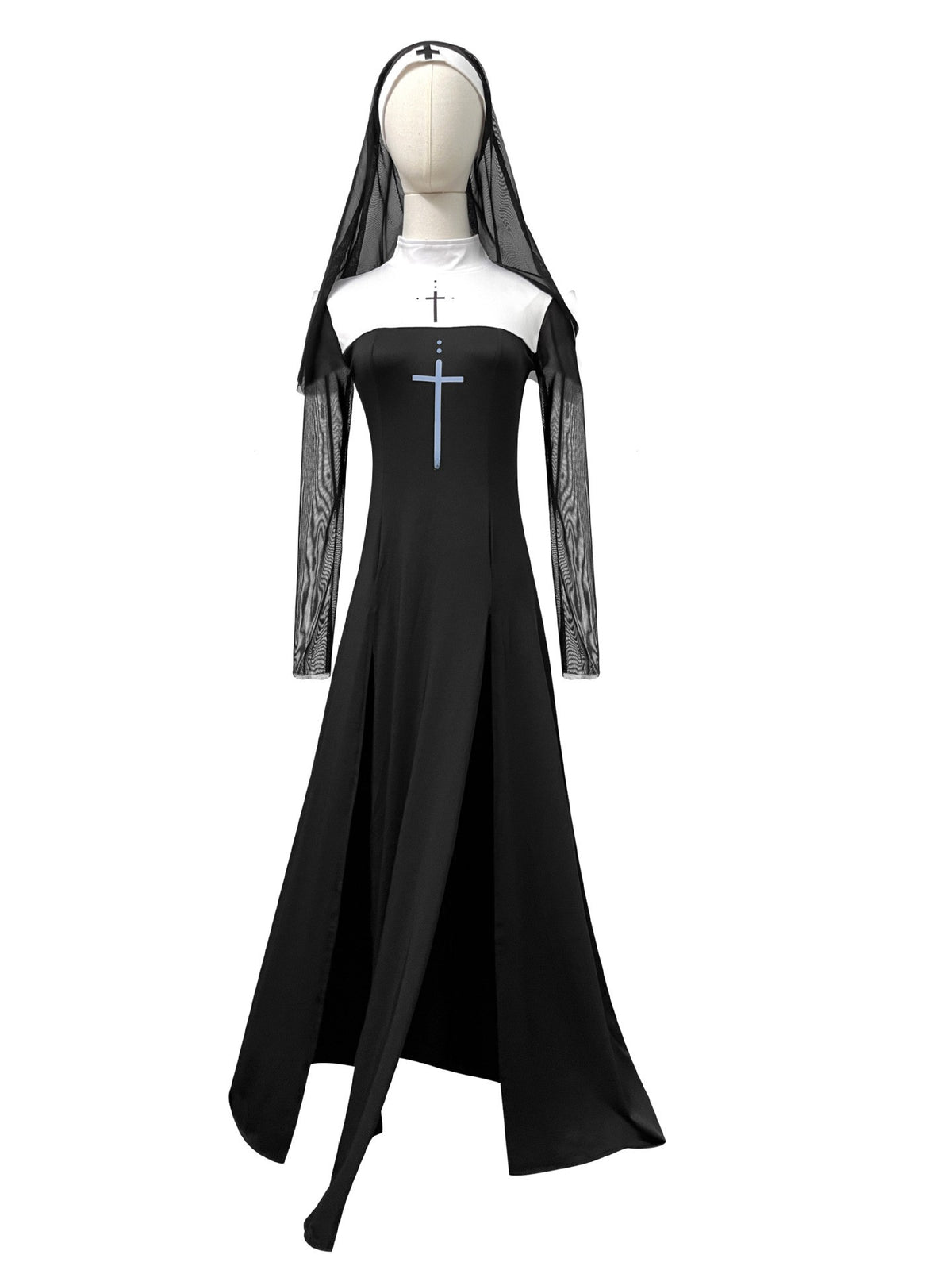 Sexy Nun Cosplay Costume Gothic Black Split Long Dress with Head Veil Halloween Carnival Party Fancy Dress for Women Nun
