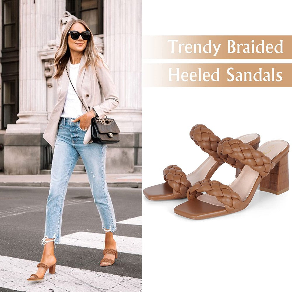 Elegant Women's Braided Heels Sandalias Fashion Strappy Square Sandals Open Toe Backless Mules Slip On Block Heeled Shoes
