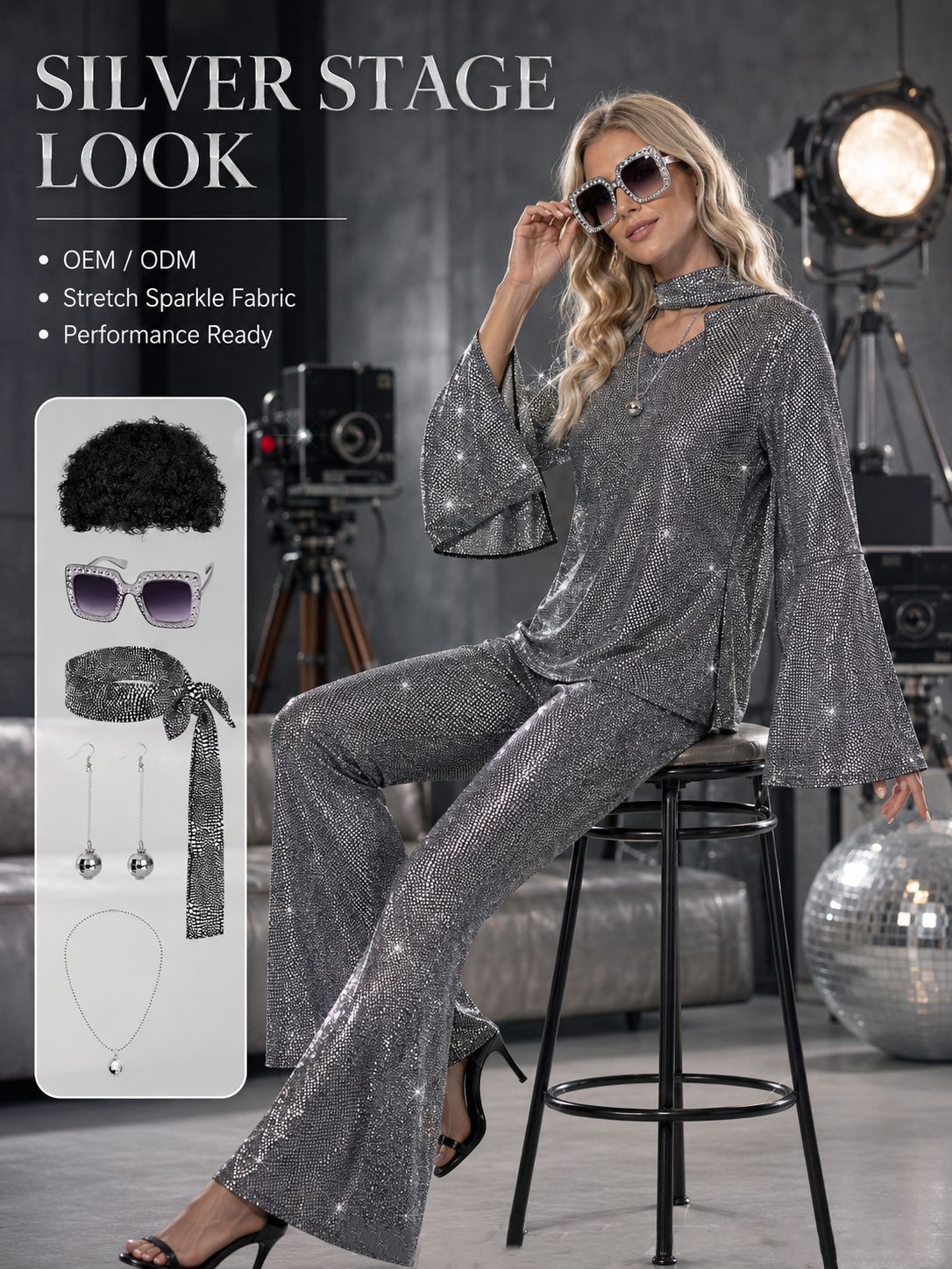 Ladies' Halloween disco party 70s disco costume set, including top, pants, sunglasses, necklace, earrings, and wig, role-playing