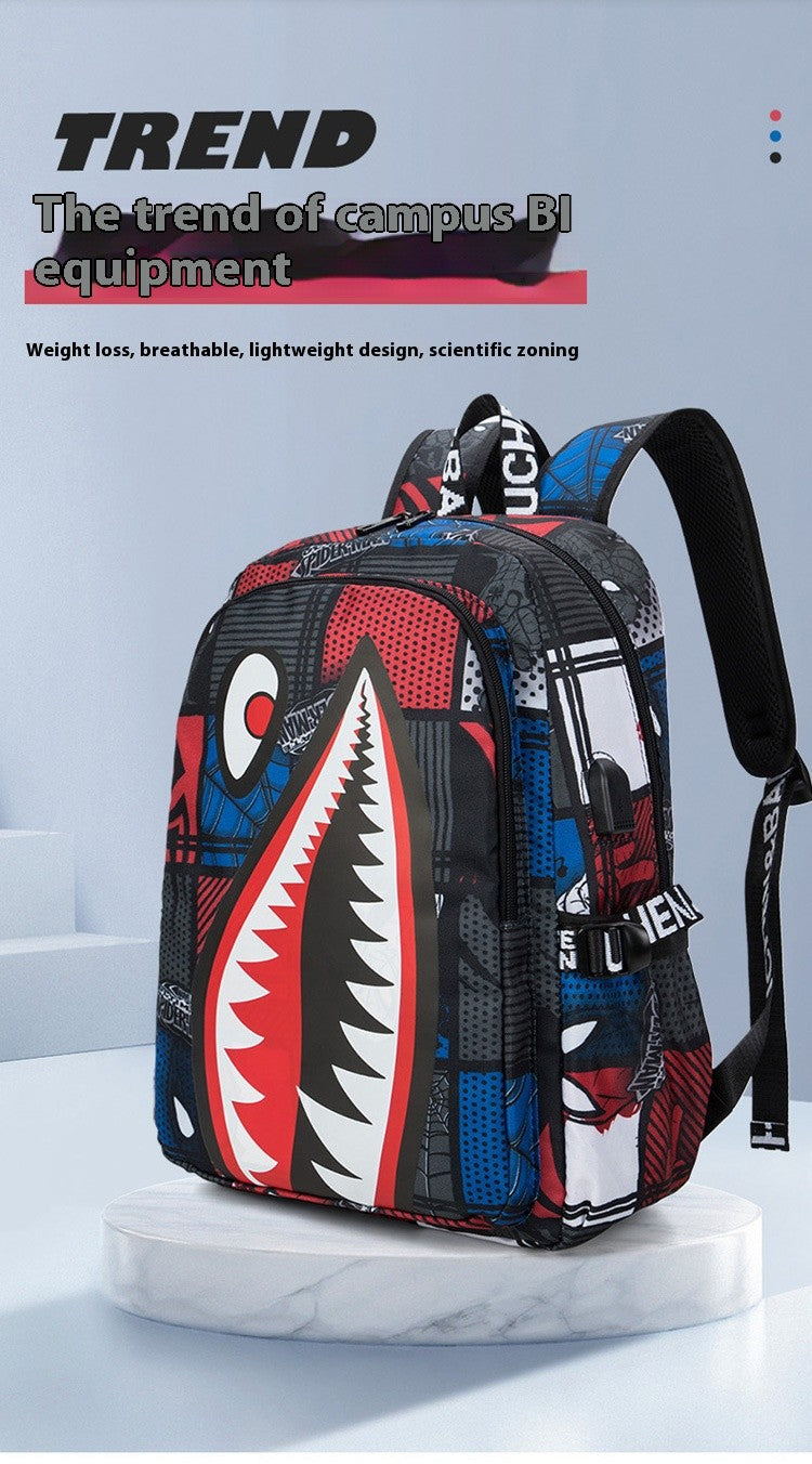 Mochila Escolar para Meninos com Estampa de Tubarão para Crianças, Mochilas de Viagem