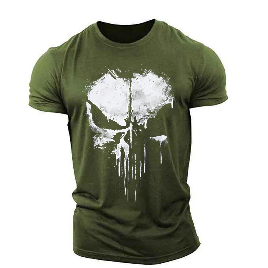 Oversized Harajuku Skull Print T-Shirt Summer Muscle Men's Sports Personality Short Sleeve Outdoor Stretch Quick Dry O-Neck Top