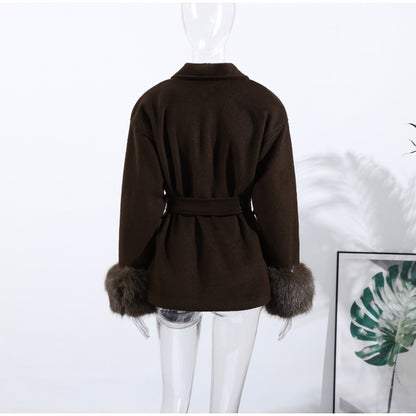 2025 Chic Lapel Plush Coat With Belt Women Vintage Solid Faux Fur Sleeve Tweed Open Coats Female Autumn Casual Street Outwear