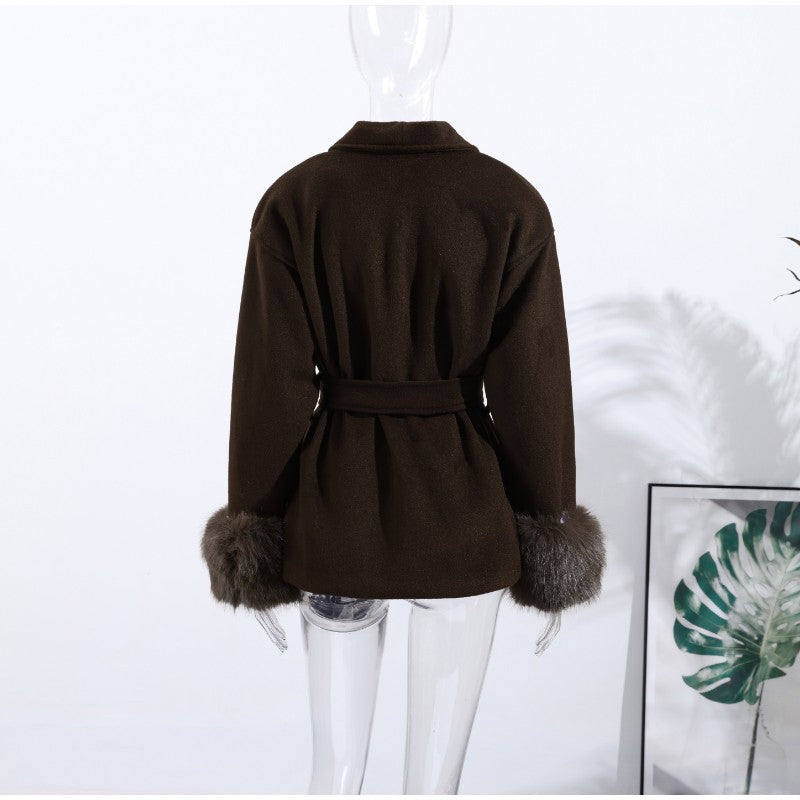 2025 Chic Lapel Plush Coat With Belt Women Vintage Solid Faux Fur Sleeve Tweed Open Coats Female Autumn Casual Street Outwear