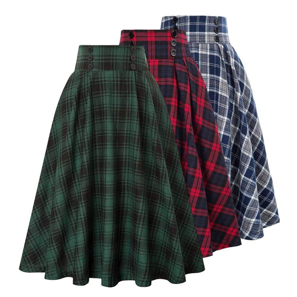 Women Skirt Elastic Waist Big Hem A-line Colorblock Plaid Print Loose Fit Skirt Ankle Length Pockets Retro Lady Maxi Skirt