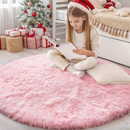 Pink Round Rug for Girls Bedroom,Fluffy Circle Area Rug for Kids Room,Furry Shaggy Carpet for Living Room100/120/140/160