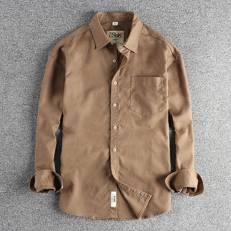 2025 Spring New Japanese Retro Long Sleeve Lapel Cotton and Linen Cargo Shirt Men's Simple Single Pocket Casual Loose Blouses