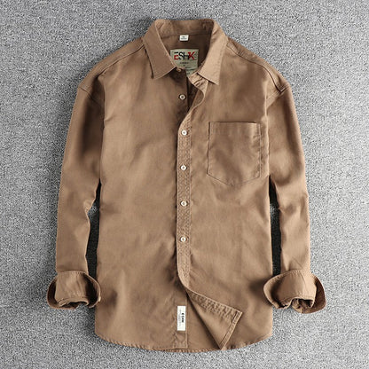 2025 Spring New Japanese Retro Long Sleeve Lapel Cotton and Linen Cargo Shirt Men's Simple Single Pocket Casual Loose Blouses