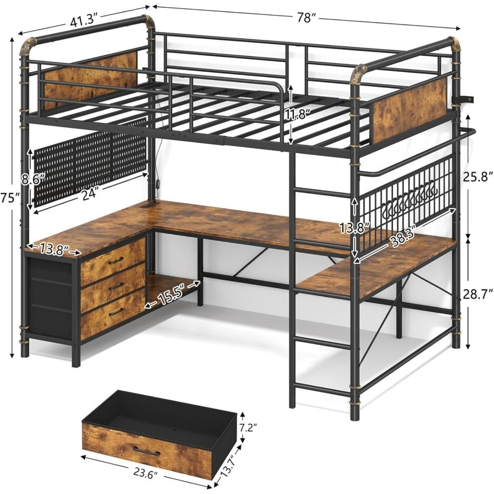 Loft Bed with U-Shaped Desk, Metal Loft Bed with LED Lights, Charging Station, Industrial Heavy Duty Bunk Loft Bed Frame