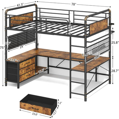Loft Bed with U-Shaped Desk, Metal Loft Bed with LED Lights, Charging Station, Industrial Heavy Duty Bunk Loft Bed Frame