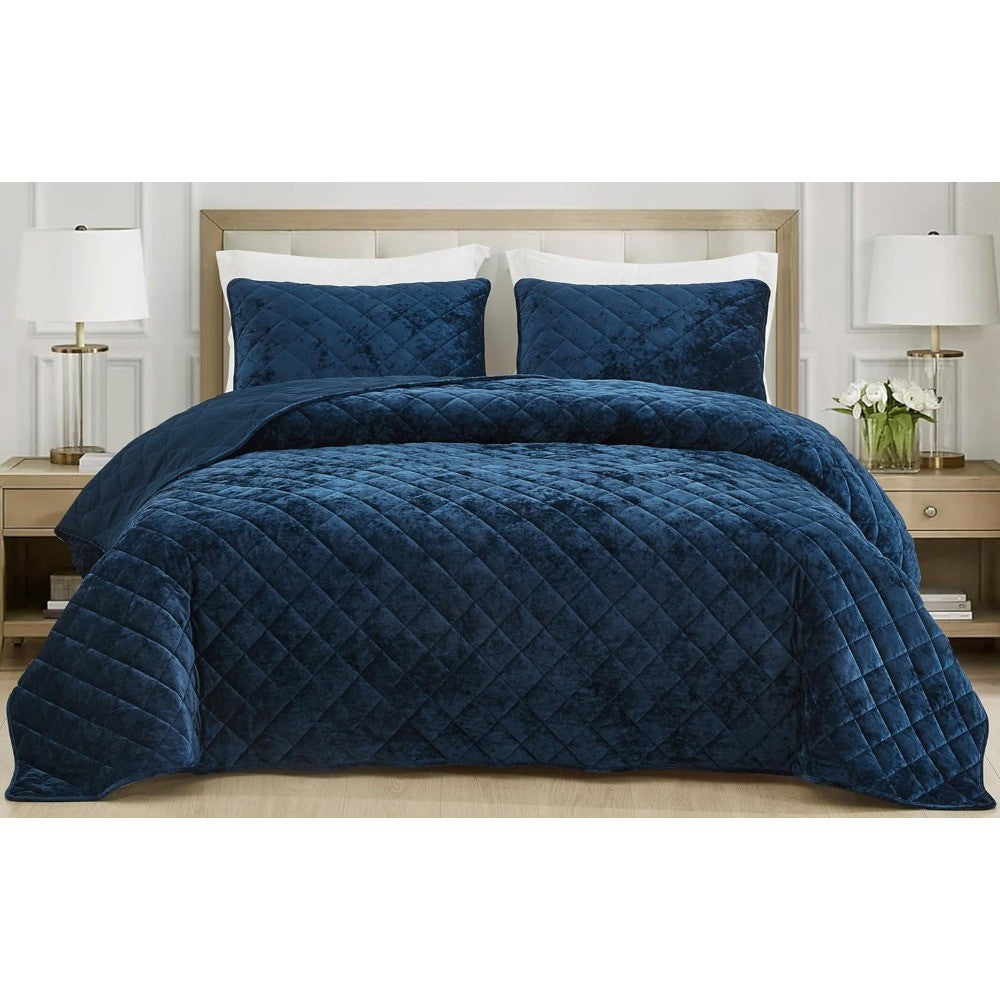 Edredom King Aveludado Azul Marinho de Luxo, Conjunto de Cama de Veludo Macio Desbotado de 3 Peças para Todas as Estações, Leve