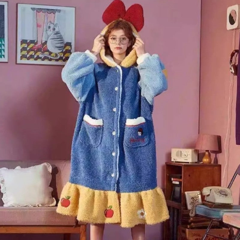 Branca de Neve Princesa Coral Veludo Camisola Feminina Pijama Fofo Desenho Animado Com Capuz Engrossado Outono Inverno Roupão de Banho Roupa de Casa