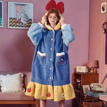 Branca de Neve Princesa Coral Veludo Camisola Feminina Pijama Fofo Desenho Animado Com Capuz Engrossado Outono Inverno Roupão de Banho Roupa de Casa