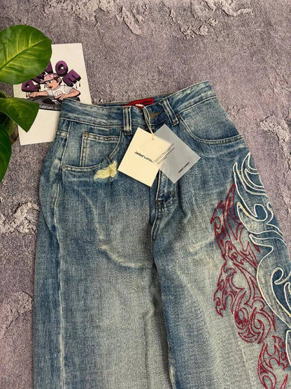 Calça Jeans Larga Y2K Masculina Americana com Bordado e Novo Padrão, Estilo High Street Vintage Hip Hop Moda Casual Joker para Casais