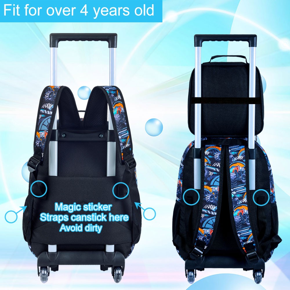 Mochila de Rodinha para Meninos, com 3 Peças, Rodas, Lancheira -
