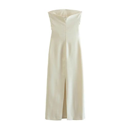 TRZA Women Fashion Strapless Gathered Midi Dress Sexy Straight Neck Back Slit Fe
