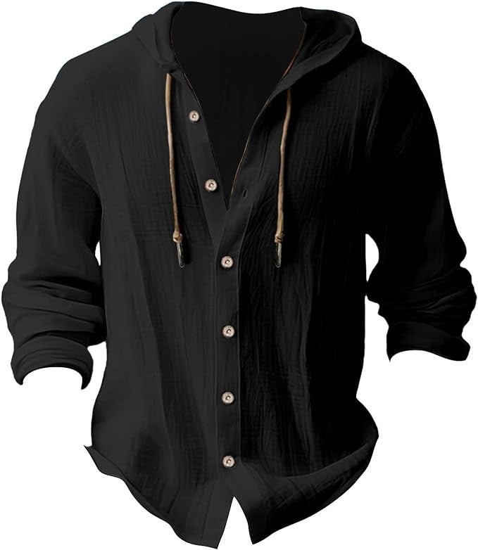 Summer Men's Cotton Linen Shirt Solid Streetwear Long Sleeve Hoodie Clothing For Men Button Tops Casual Loose Men Hooded Shirt