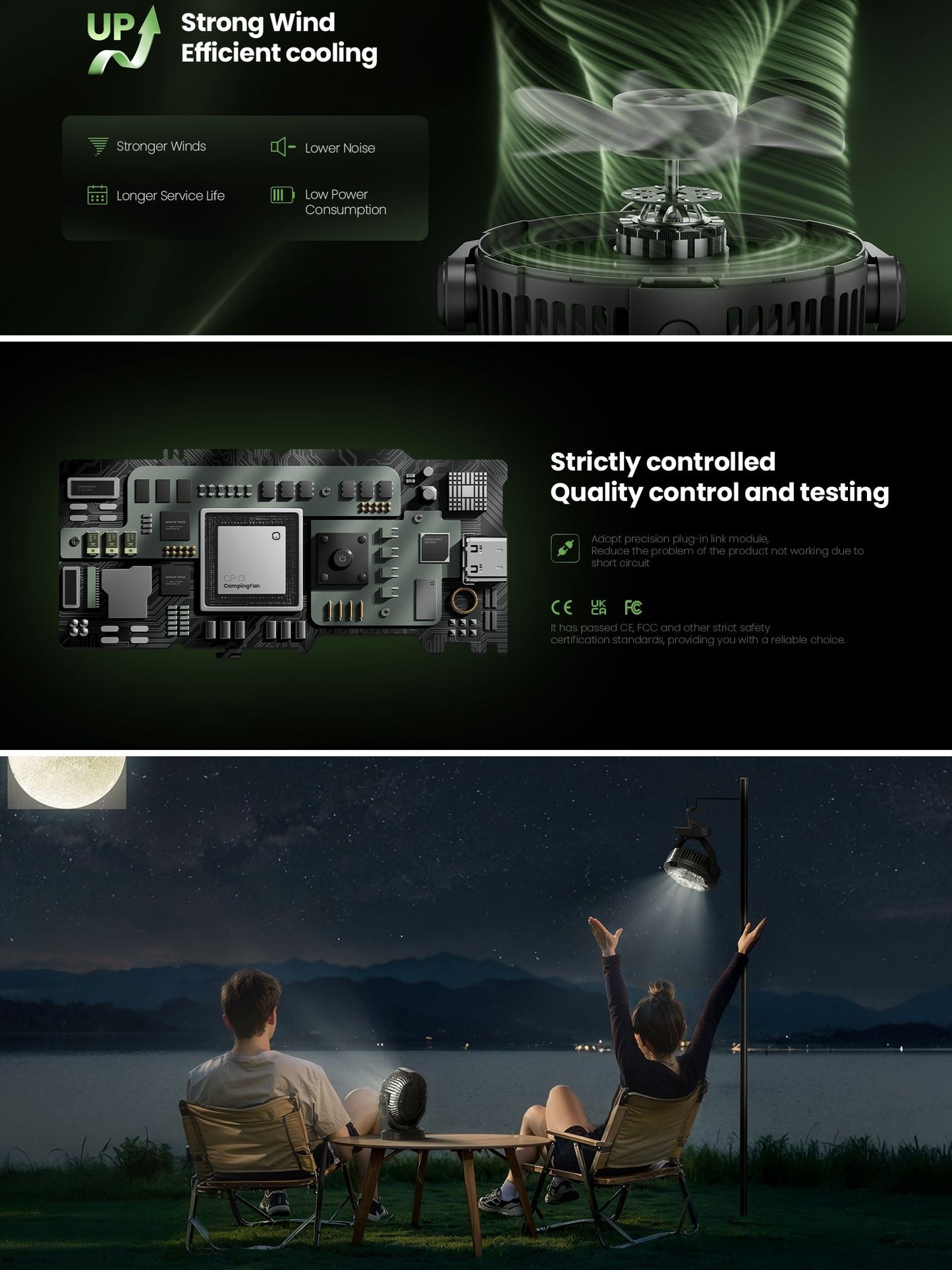 Portable Camping Fan with LED Lantern, 4000mAh 7-Inch Rechargeable Outdoor Tent Fan, 360° Head Rotation, 3 Speed and Quiet Batte