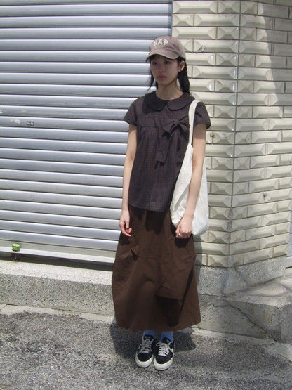 Vintage Plaid Shirts Women Japanese Harajuku Bow Peter Pan Collar Blouses Summer Korean Aesthetic Short Sleeve Casual Tops New