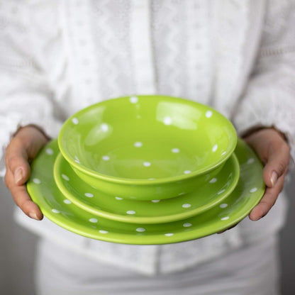 Handmade Lime Green and White Polka Dot Ceramic 12 piece Dinnerware Set | Pottery Tableware Service for 4 | Dinner Plates | Side