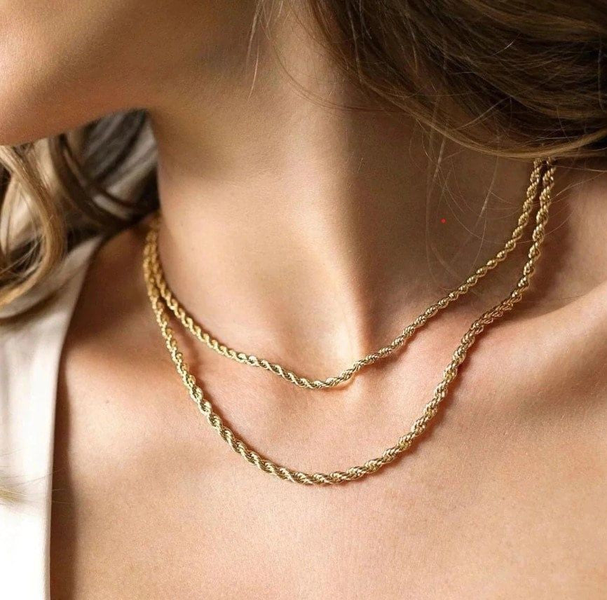 Ropes Long Necklace for Men Women,Stainless Steel Gold Color Twisted Rope Chain Collar,2/3/4/5mm Punk Basic Waterproof Jewelry