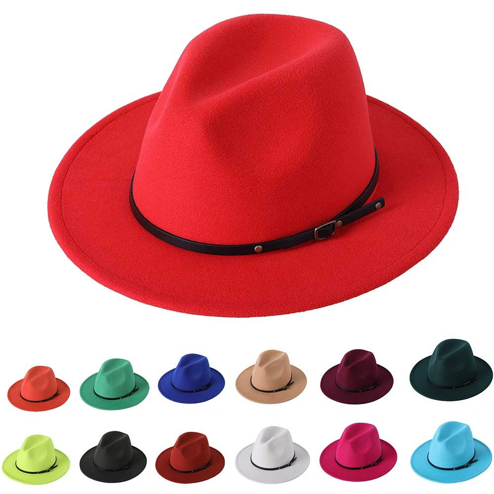 Fedora hat jazz hat men and women classic black leather belt Fedora Panama women autumn and winter Panama hat wholesale
