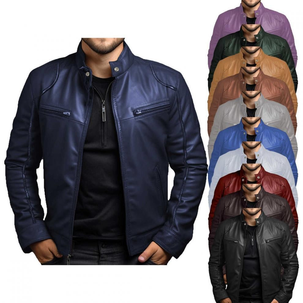 New Men's Business Leather Jacket for Autumn and Winter, Fashionable Stand Up Collar Casual Leather Jacket for Men