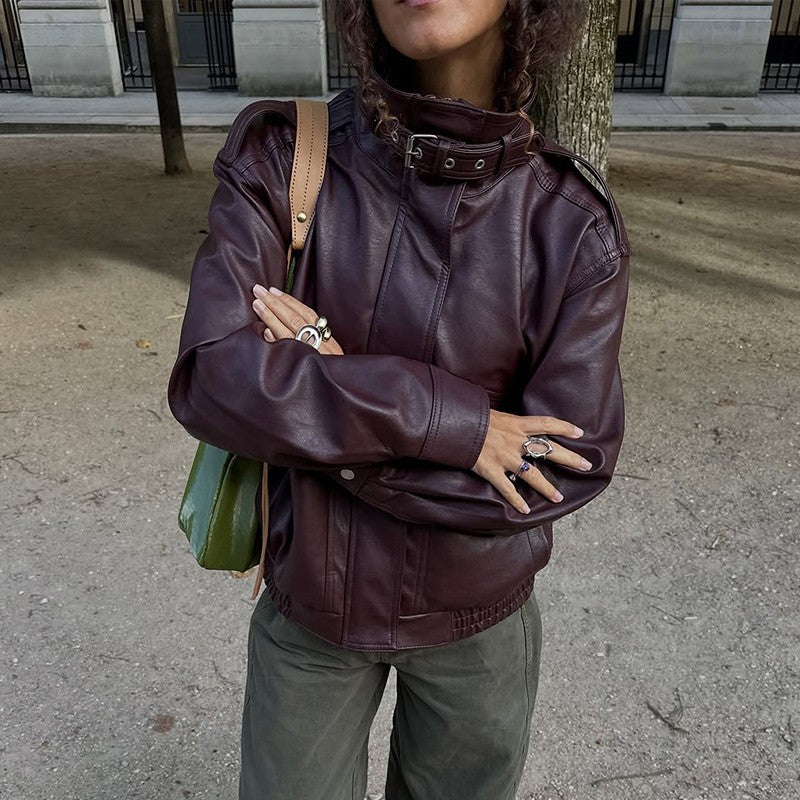 Fashion PU Leather Stand Up Coat for Women Casual Long Sleeve Zipper Lady Jackets 2025 Autumn New Female Outerwear High Street