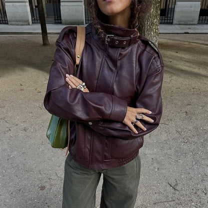 Fashion PU Leather Stand Up Coat for Women Casual Long Sleeve Zipper Lady Jackets 2025 Autumn New Female Outerwear High Street