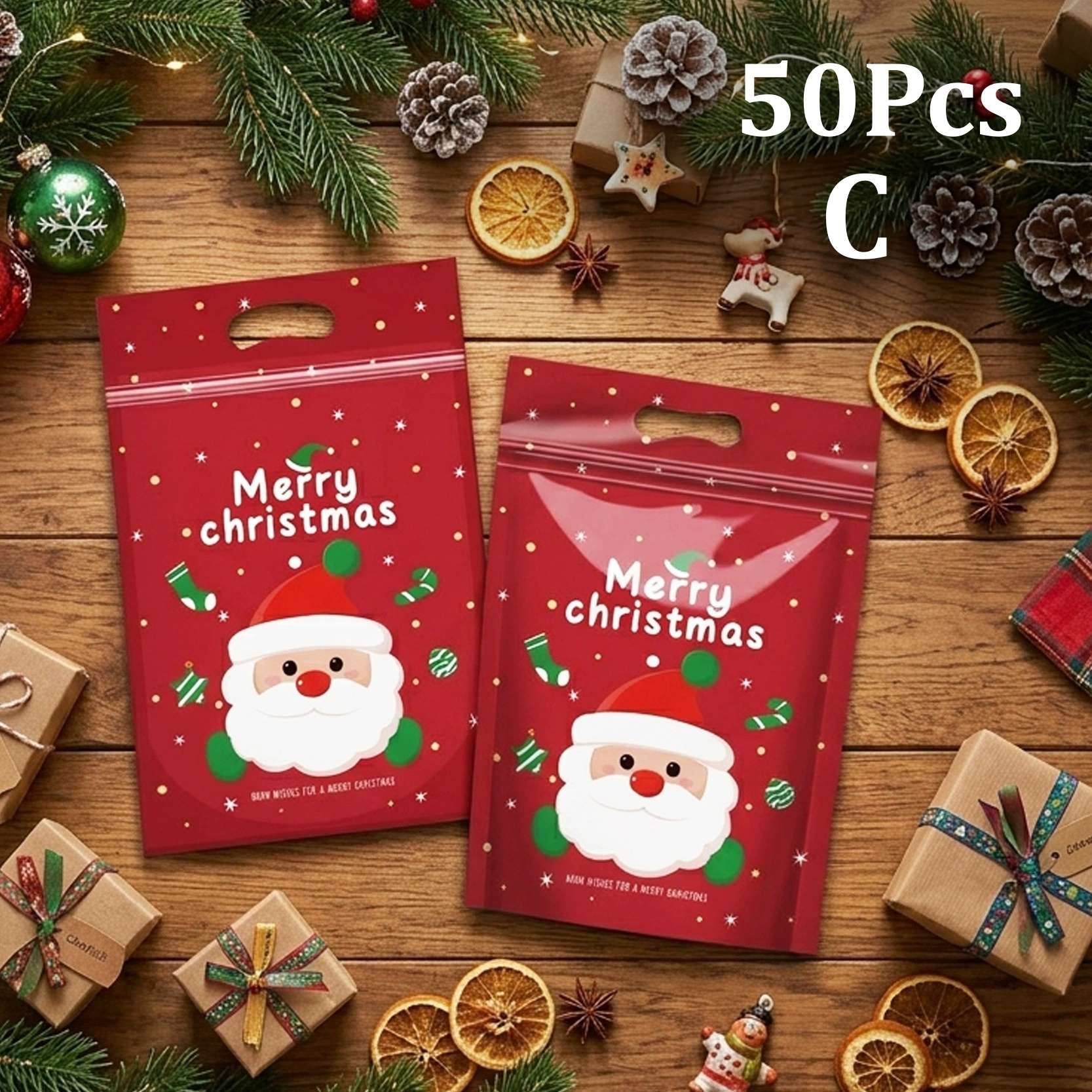 50Pcs Resealable Christmas Zip Lock Bags 50PCS Clear Christmas Plastic Sealing Bags with Handles for Xmas Holiday Party Candy