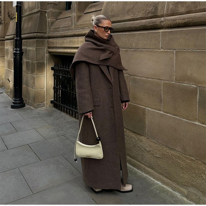 Women Shoulder Pad Wool Long Coats Fashion Lapel Single-breasted Long Sleeve Coat Chic 2025 Autumn Lady Commute Street Outerwear