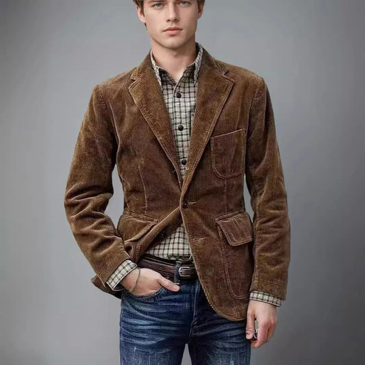 European and American Business Men's Casual Outerwear for Spring and Autumn, Fashion Button Slim Fit Corduroy Suit Coat S-XXXL