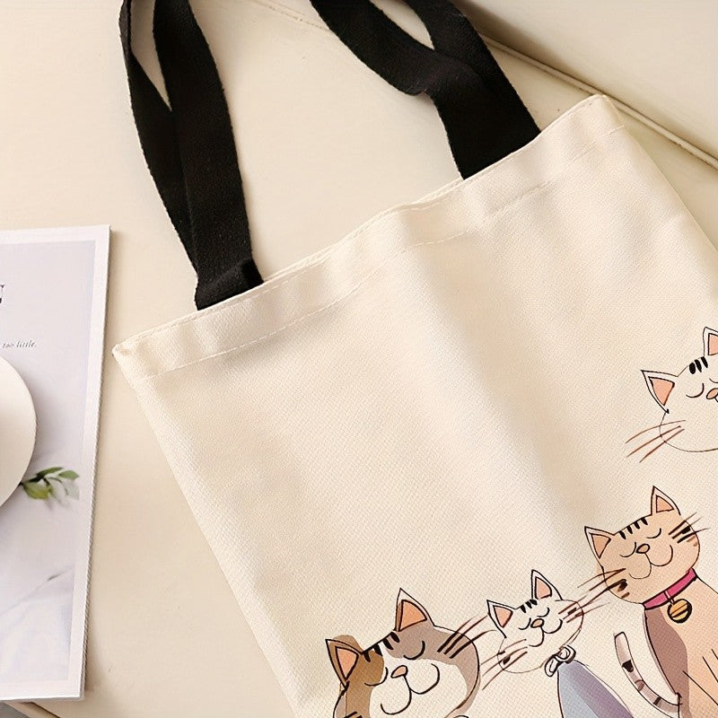 4 Cute Kitten Print Tote Bag - Large Capacity, Foldable Shoulder Bag with Black Handles, Lightweight Shopping Bag for Travel