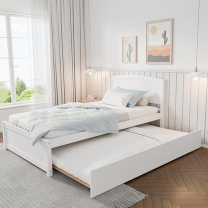 Daybed with Trundle, Twin Size Pull Out Bed, Solid Wood Extendable Day with Trundle Bed Twin, Include Slat Support (Whit