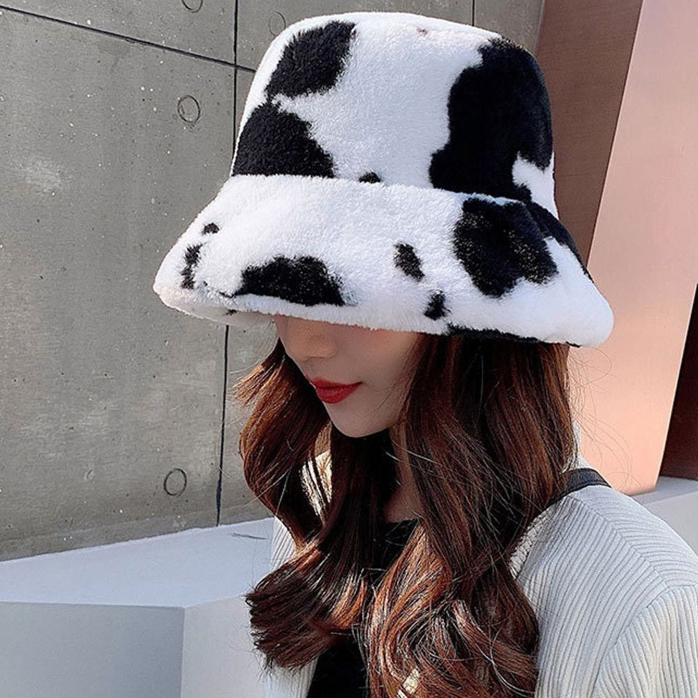 Winter Bucket Hat Women's Fashion Milk Cow Grain Panama Warm Hats Female Vintage Faux Fur Fisherman Cap Hats For Women Casual
