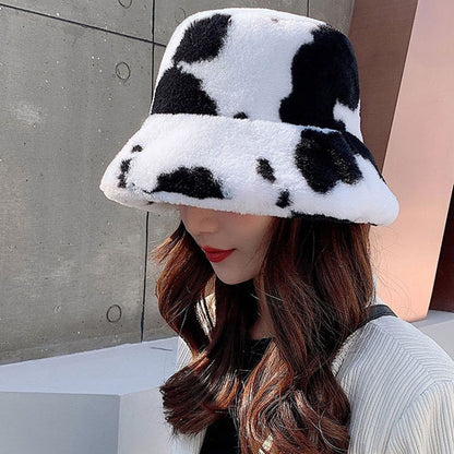 Winter Bucket Hat Women's Fashion Milk Cow Grain Panama Warm Hats Female Vintage Faux Fur Fisherman Cap Hats For Women Casual