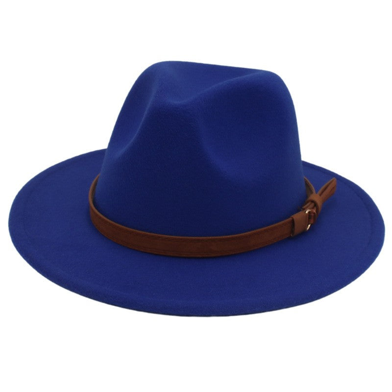 Classic Brown Belt Women Fedora Hats Autumn Winter Gentleman Jazz Felt Hat For Men Retro Church Lady Flat Wide Brim Dress Hat