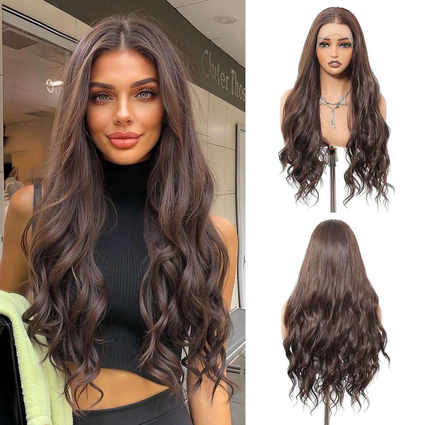 HENRY MARGU Peruca Frontal Lisa Ondulada Marrom Mista Longa Peruca Sintética Natural Ondulada 13x4 Frontal de Renda Cabelo Falso para Mulheres Raiz Escura