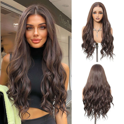 HENRY MARGU Peruca Frontal Lisa Ondulada Marrom Mista Longa Peruca Sintética Natural Ondulada 13x4 Frontal de Renda Cabelo Falso para Mulheres Raiz Escura
