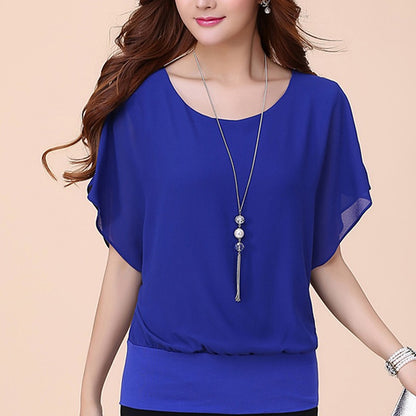 New Summer Women Blouse Female Short Batwing Sleeve Oversized Loose O-Neck Chiffon Shirt Plus Size Office Lady Elegant Tops Tees