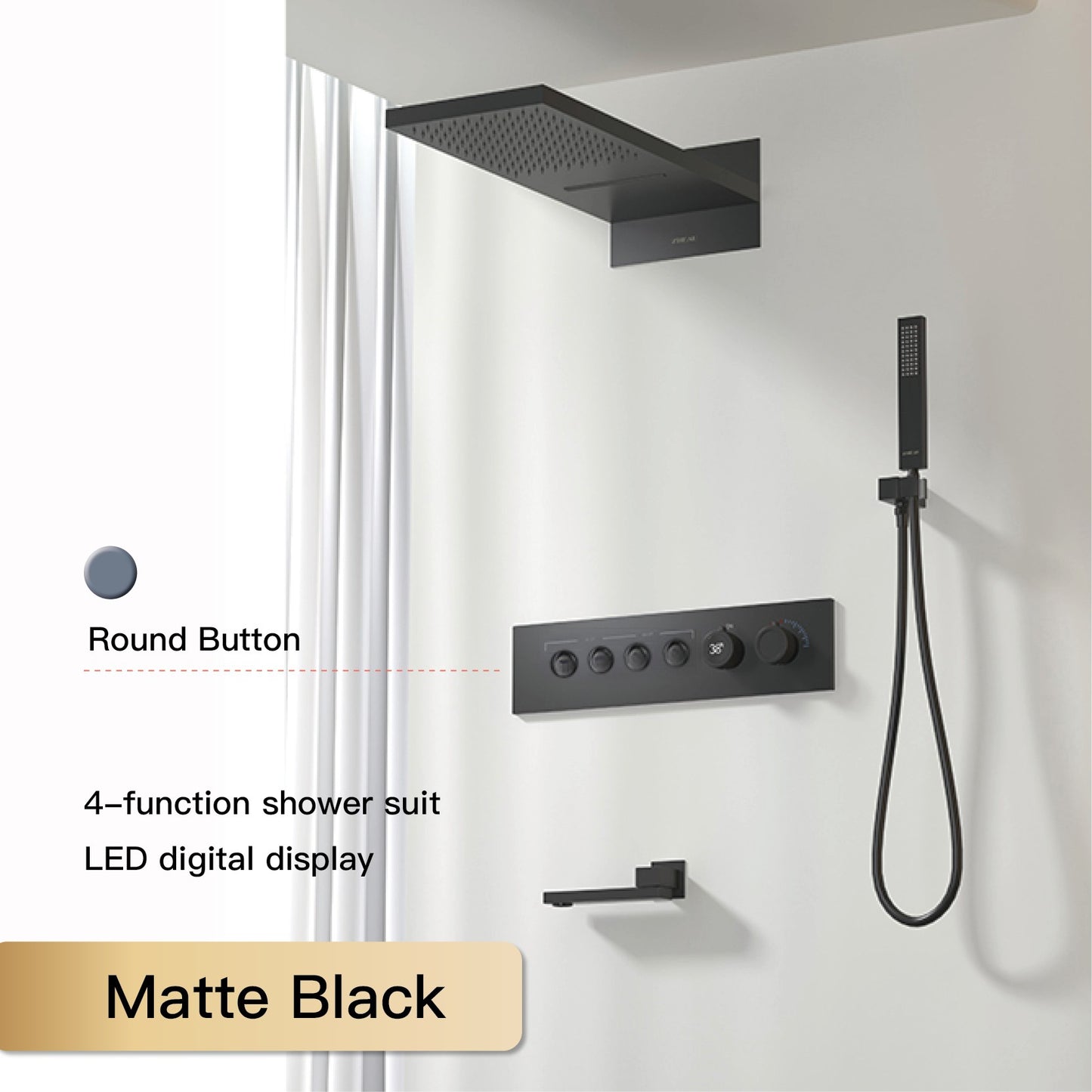 Luxury  black brass shower system wall-mounted LED digital display design Cold & hot dual-control 4-function ceiling shower Tap
